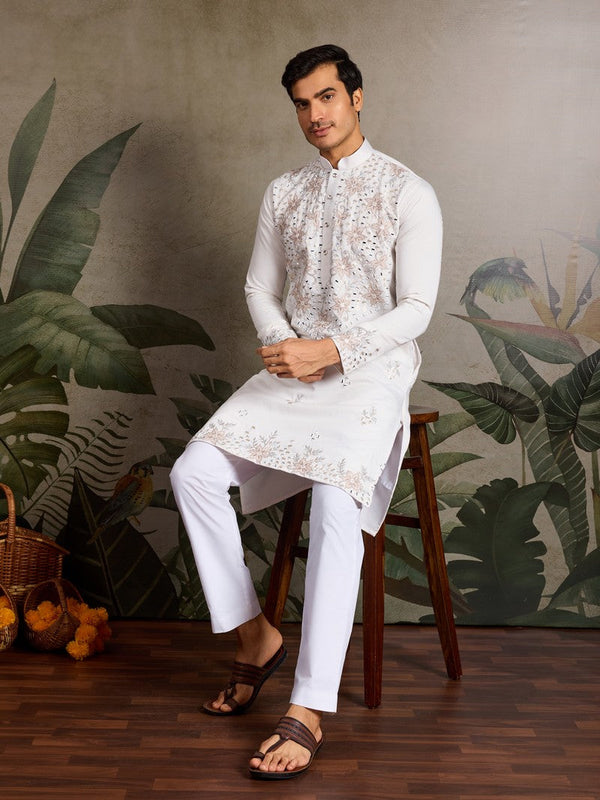 Amazing White Color Viscose Fabric Mens Kurta