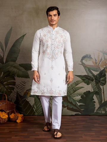Amazing White Color Viscose Fabric Mens Kurta
