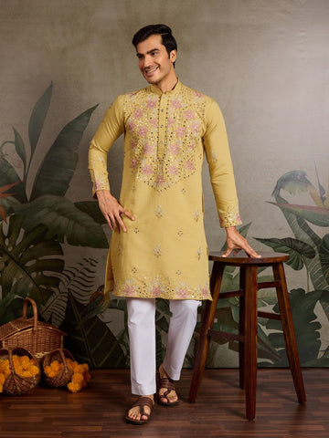 Amazing Yellow Color Viscose Fabric Mens Kurta