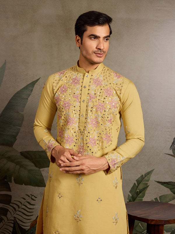 Amazing Yellow Color Viscose Fabric Mens Kurta