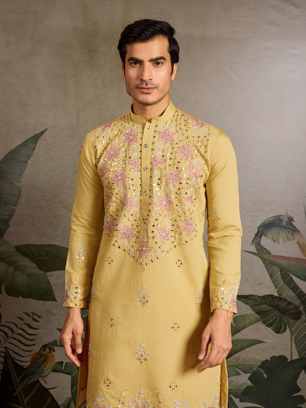 Amazing Yellow Color Viscose Fabric Mens Kurta