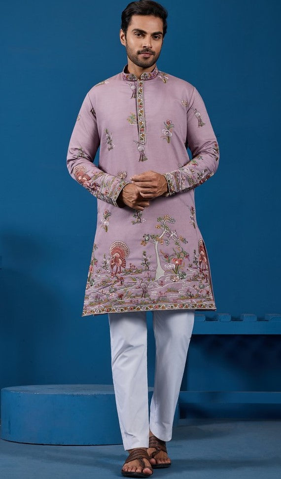Grand Pink Color Viscose Fabric Mens Kurta
