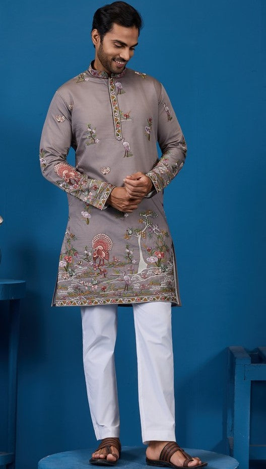 Grand Grey Color Viscose Fabric Mens Kurta