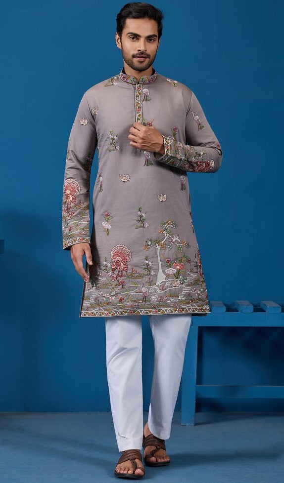 Grand Grey Color Viscose Fabric Mens Kurta
