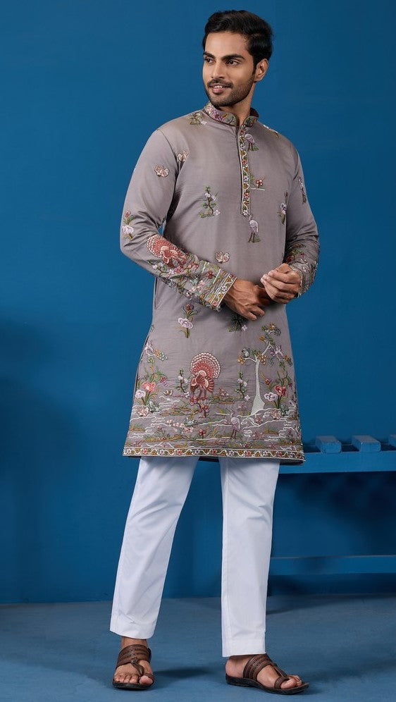 Grand Grey Color Viscose Fabric Mens Kurta