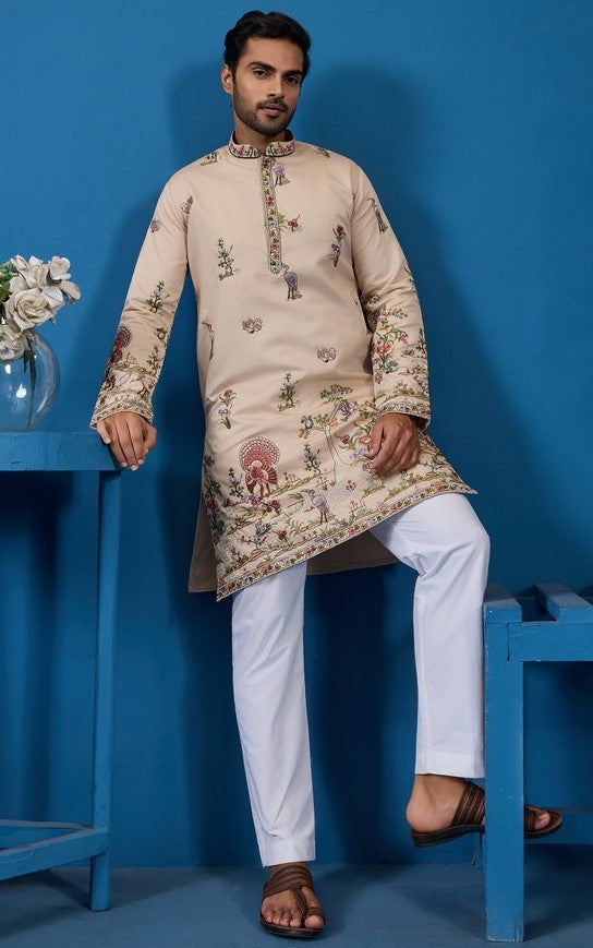 Grand Beige Color Viscose Fabric Mens Kurta