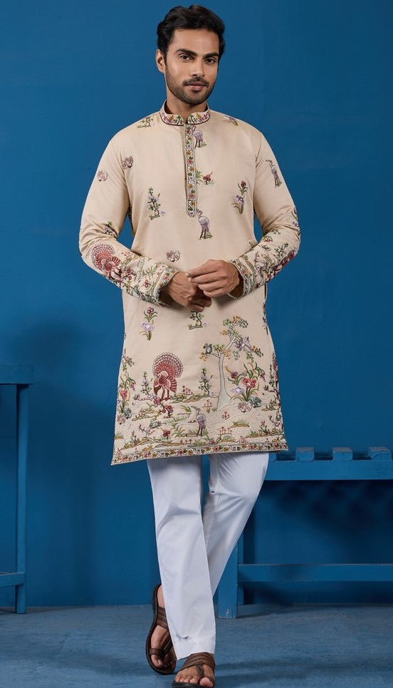 Grand Beige Color Viscose Fabric Mens Kurta
