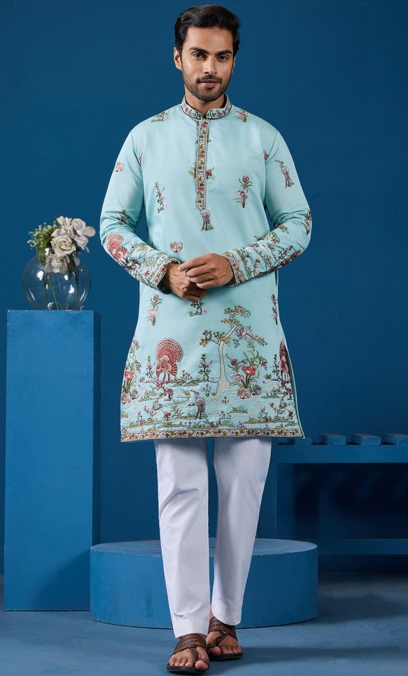 Grand Aqua Color Viscose Fabric Mens Kurta