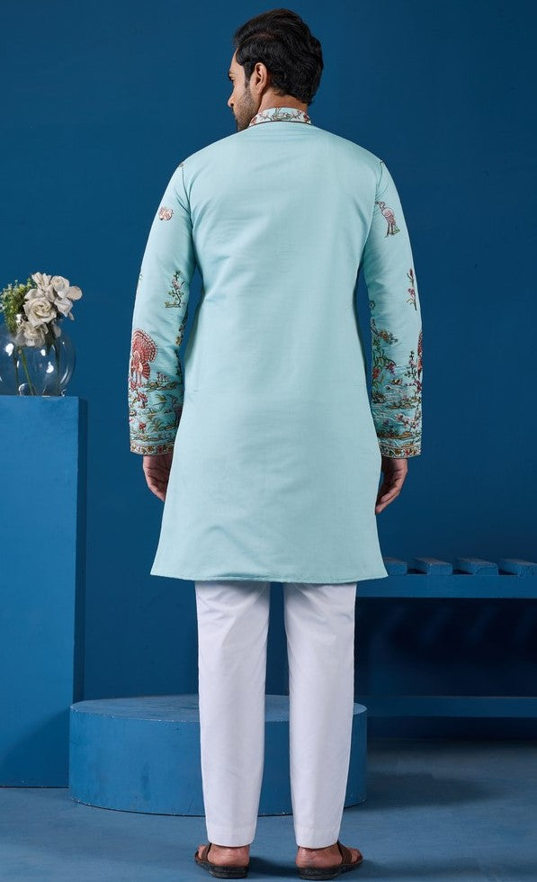Grand Aqua Color Viscose Fabric Mens Kurta