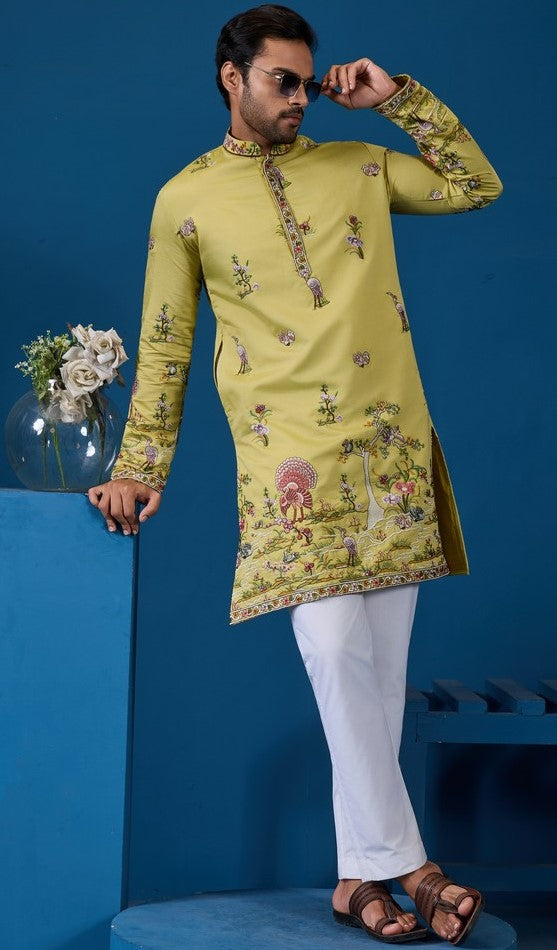 Grand Yellow Color Viscose Fabric Mens Kurta