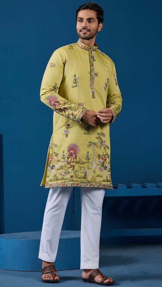 Grand Yellow Color Viscose Fabric Mens Kurta