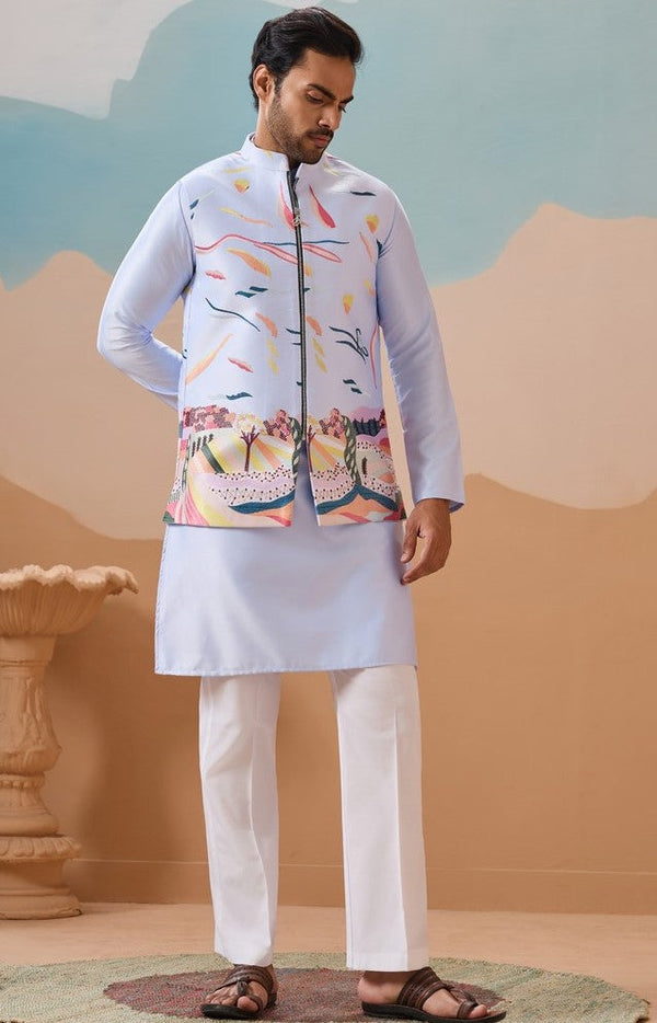 Grand Aqua Color Silk Fabric Kurta Pajama and Jacket