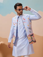 Grand Aqua Color Silk Fabric Kurta Pajama and Jacket