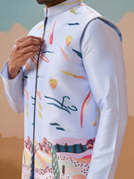 Grand Aqua Color Silk Fabric Kurta Pajama and Jacket