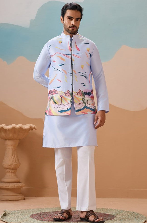 Grand Aqua Color Silk Fabric Kurta Pajama and Jacket