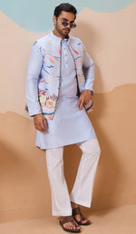 Grand Aqua Color Silk Fabric Kurta Pajama and Jacket