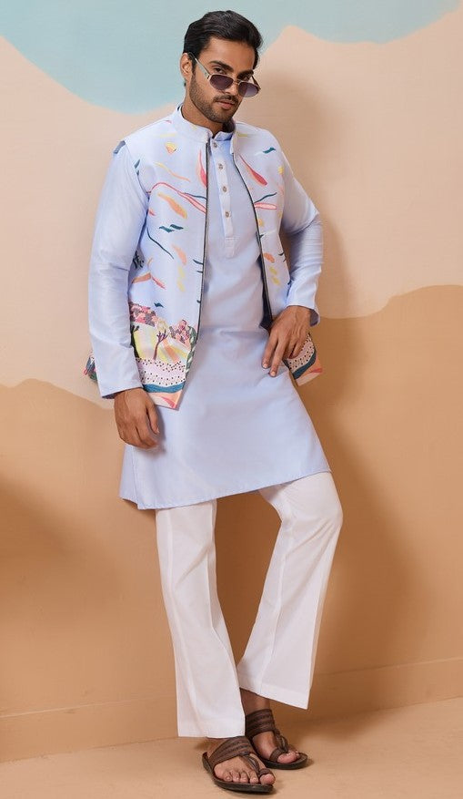 Grand Aqua Color Silk Fabric Kurta Pajama and Jacket