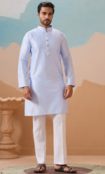 Grand Aqua Color Silk Fabric Kurta Pajama and Jacket