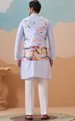 Grand Aqua Color Silk Fabric Kurta Pajama and Jacket