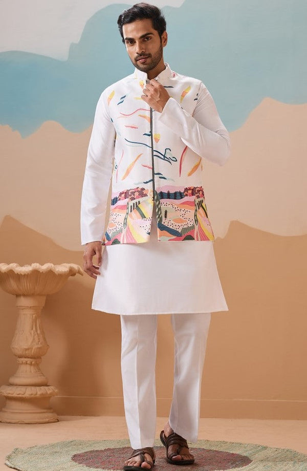 Grand White Color Silk Fabric Kurta Pajama and Jacket