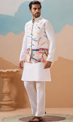 Grand White Color Silk Fabric Kurta Pajama and Jacket