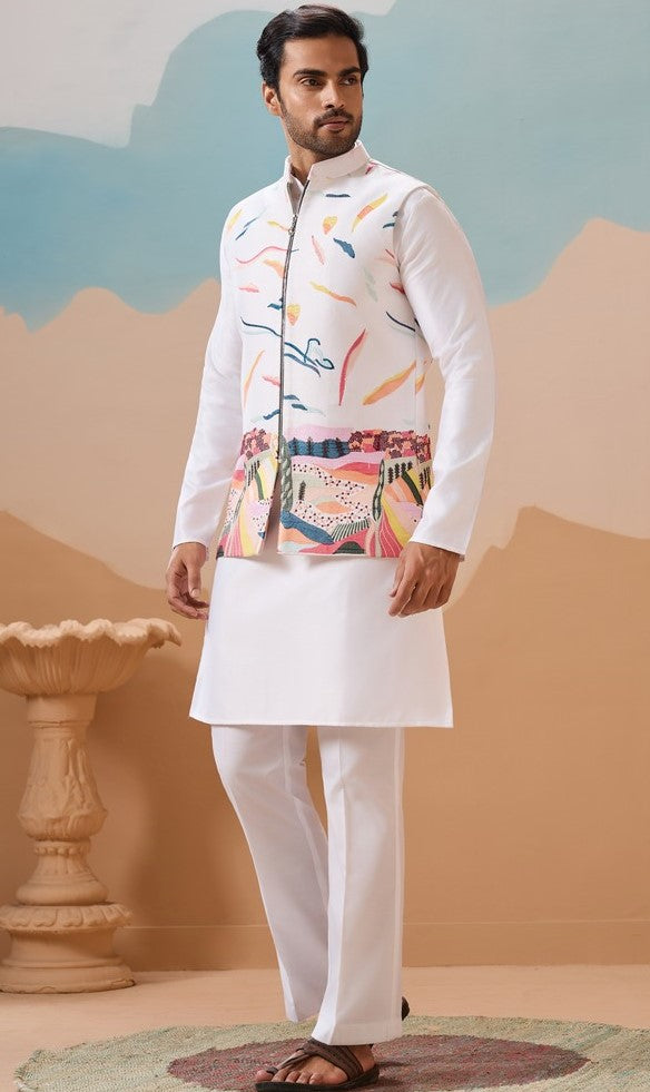 Grand White Color Silk Fabric Kurta Pajama and Jacket