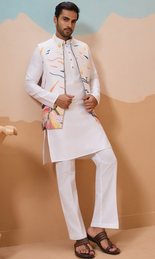 Grand White Color Silk Fabric Kurta Pajama and Jacket