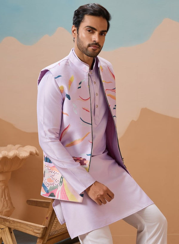 Grand Purple Color Silk Fabric Kurta Pajama and Jacket
