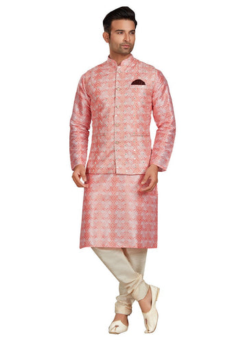 Ideal Peach Color Silk Fabric Kurta Pajama & Jacket