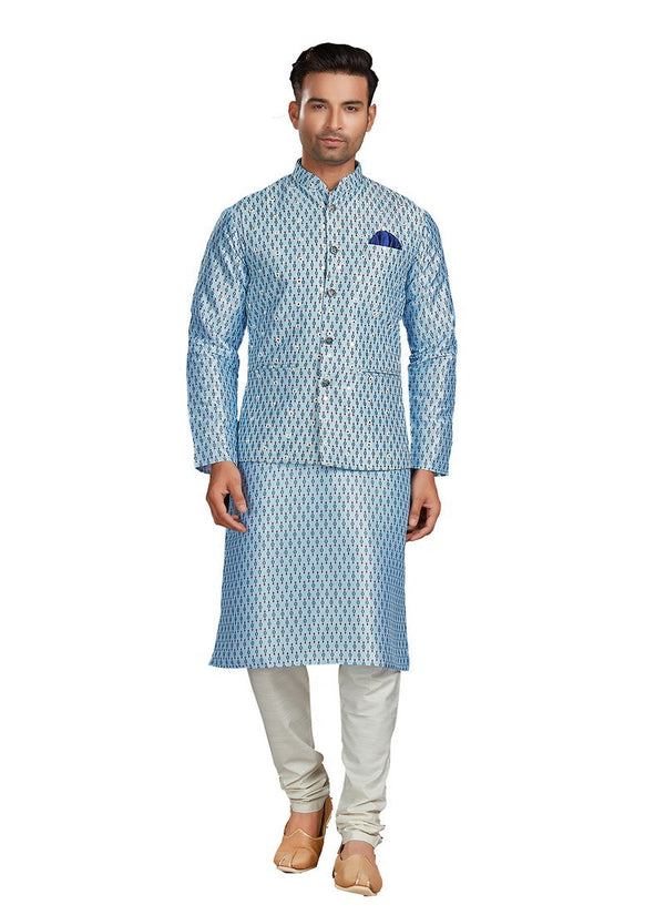 Ideal Aqua Color Silk Fabric Kurta Pajama & Jacket