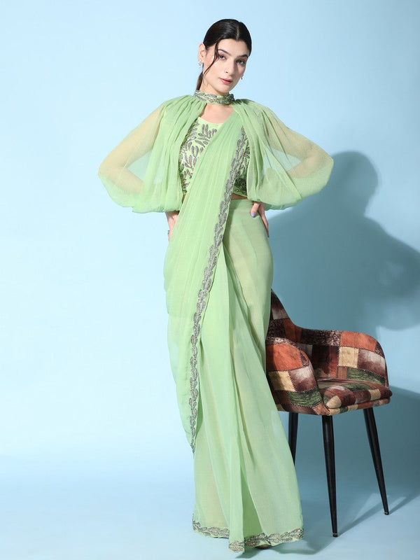 Amazing Green Color Satin Fabric Partywear Saree