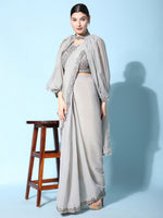 Amazing Grey Color Satin Fabric Partywear Saree