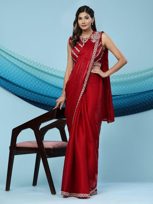 Elegant Red Color Satin Fabric Readymade Saree