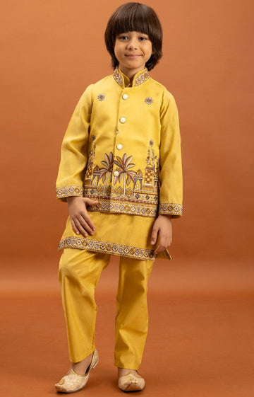 Amazing Yellow Color Viscose Fabric Boys Kurta Pajama and Jacket