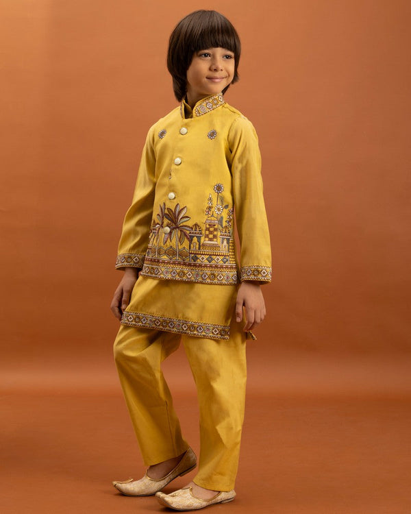 Amazing Yellow Color Viscose Fabric Boys Kurta Pajama and Jacket