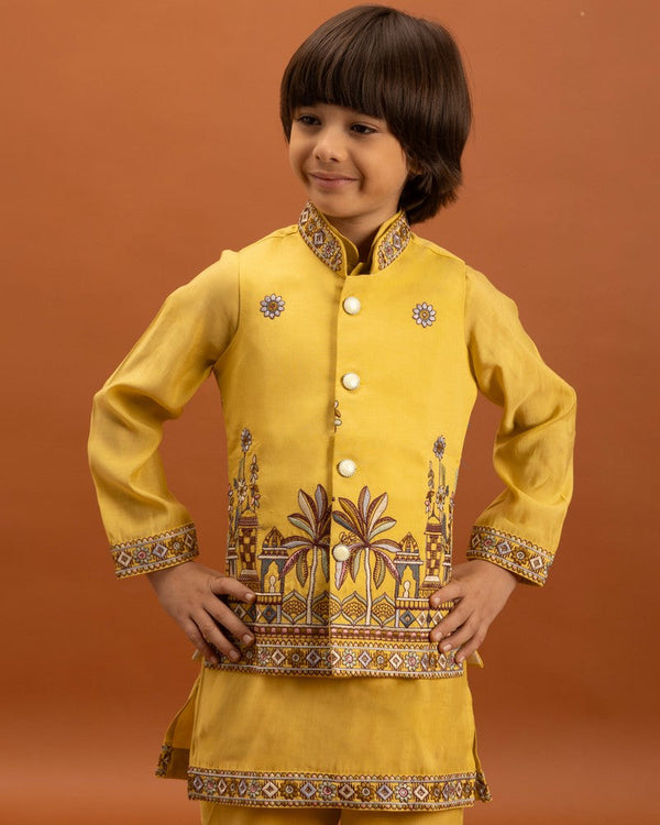 Amazing Yellow Color Viscose Fabric Boys Kurta Pajama and Jacket