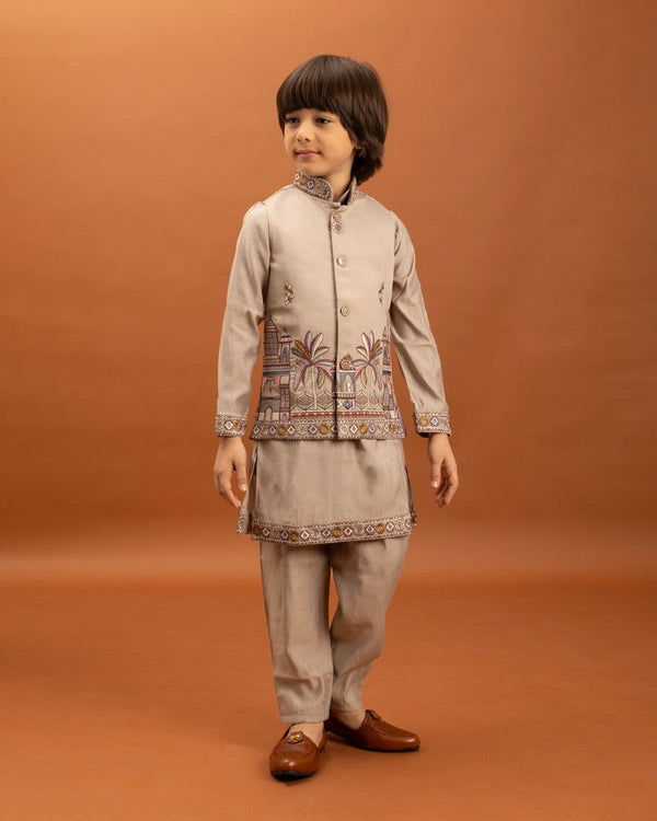 Amazing Beige Color Viscose Fabric Boys Kurta Pajama and Jacket