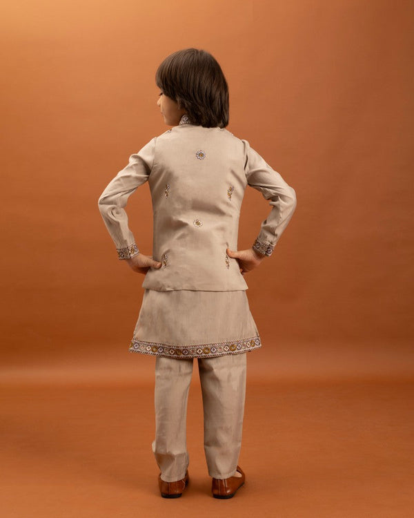 Amazing Beige Color Viscose Fabric Boys Kurta Pajama and Jacket