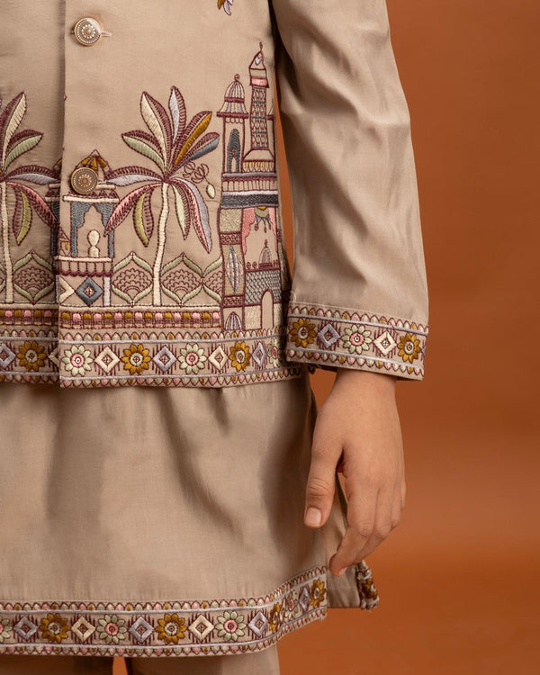 Amazing Beige Color Viscose Fabric Boys Kurta Pajama and Jacket
