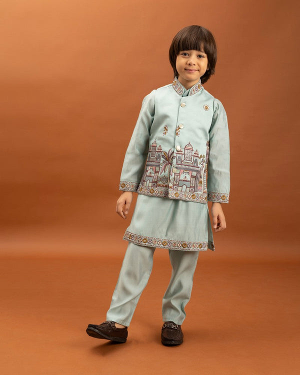 Amazing Aqua Color Viscose Fabric Boys Kurta Pajama and Jacket
