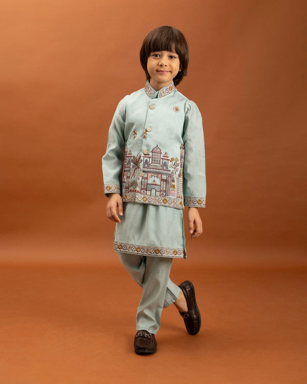 Amazing Aqua Color Viscose Fabric Boys Kurta Pajama and Jacket