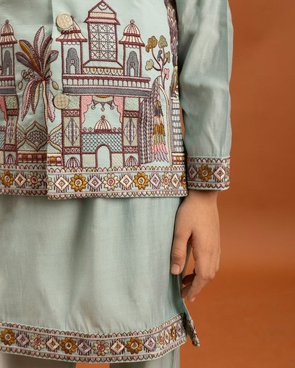 Amazing Aqua Color Viscose Fabric Boys Kurta Pajama and Jacket