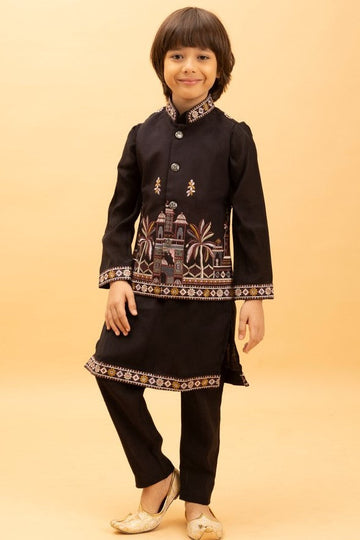 Amazing Black Color Viscose Fabric Boys Kurta Pajama and Jacket
