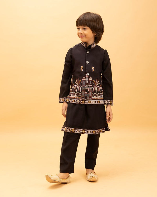 Amazing Black Color Viscose Fabric Boys Kurta Pajama and Jacket
