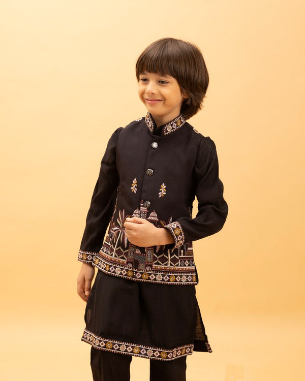 Amazing Black Color Viscose Fabric Boys Kurta Pajama and Jacket