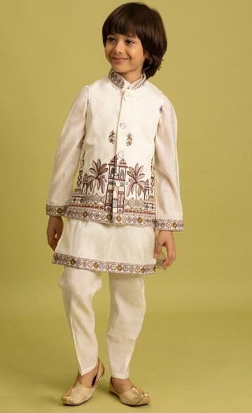 Amazing Cream Color Viscose Fabric Boys Kurta Pajama and Jacket