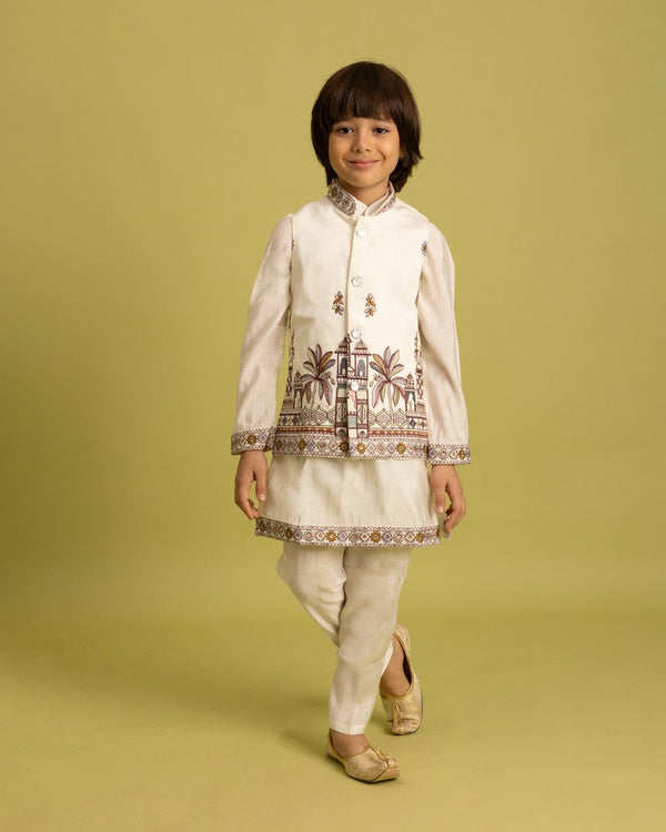 Amazing Cream Color Viscose Fabric Boys Kurta Pajama and Jacket