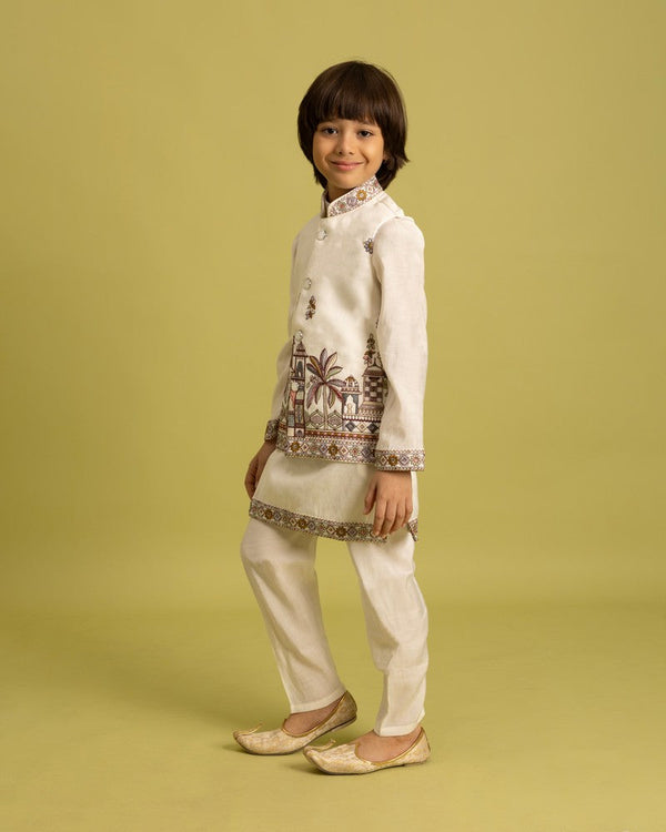 Amazing Cream Color Viscose Fabric Boys Kurta Pajama and Jacket