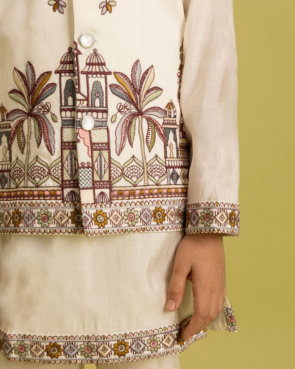 Amazing Cream Color Viscose Fabric Boys Kurta Pajama and Jacket
