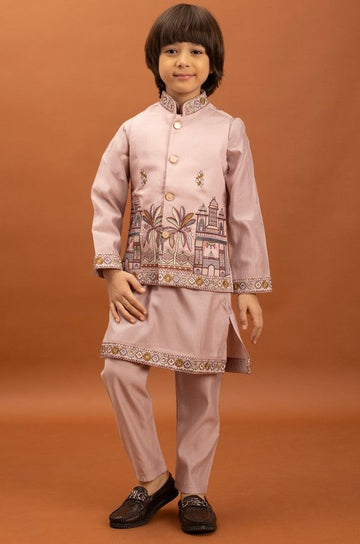 Amazing Pink Color Viscose Fabric Boys Kurta Pajama and Jacket